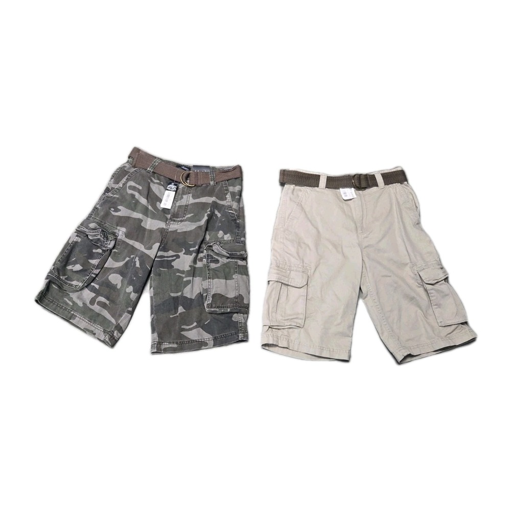 NWT Set Of 2 Cargo Shorts Youth Size 16 Camo Khaki Belted Pockets